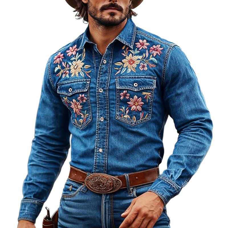 Men's Western Cowboy Style Embroidered Lapel Chest Pocket Long Sleeve Denim Shirt 20384804Z