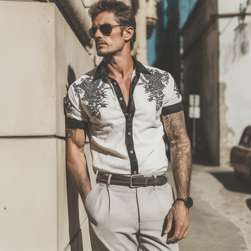 Men's Dragon Print Short Sleeve Lapel Shirt MTA0374G7X