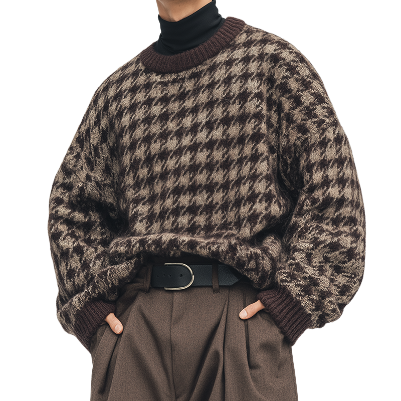 Men's Retro Casual Houndstooth Knitted Turtleneck Sweater MTA1973I6TO
