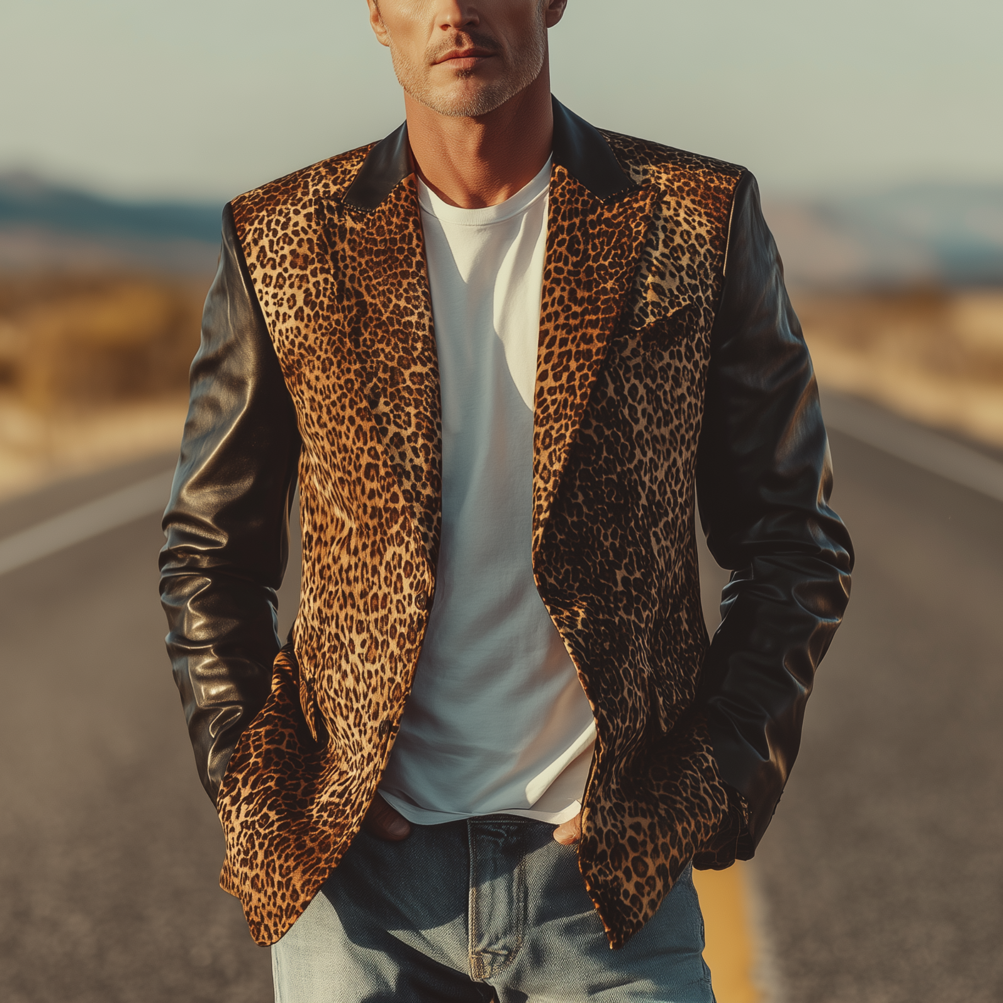 Men's Classic Fashion Leopard Suede Stitching PU Leather Single-breasted Slim-fit Blazer MTA0676H4K