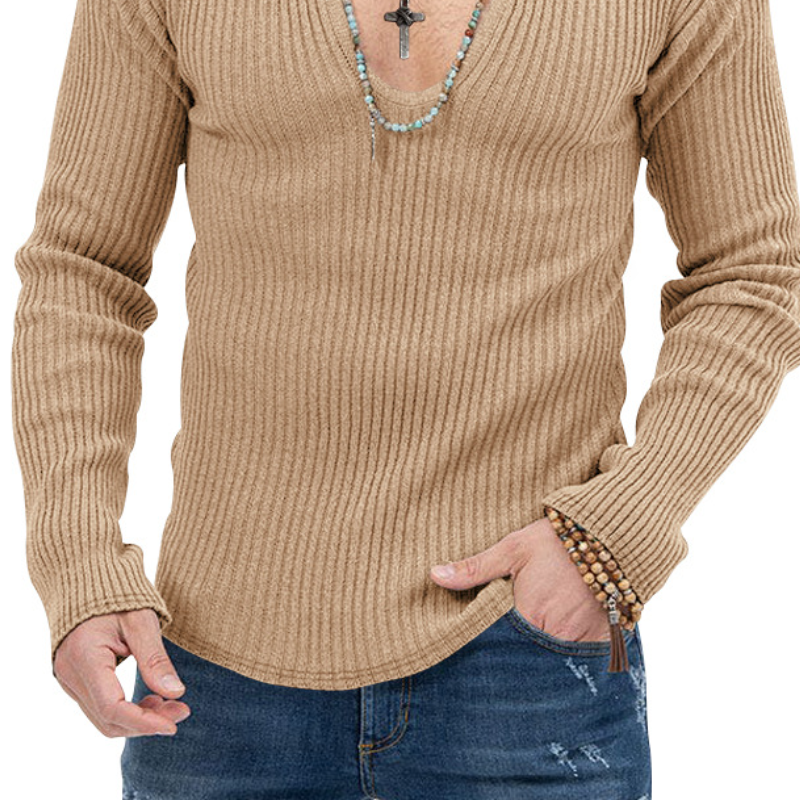 Men's Classic Casual Slim Ft Deep V-neck Striped Long-sleeved T-shirt 17230163K