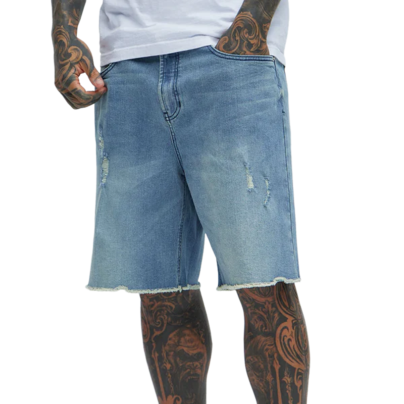 Men's Spring And Summer Classic Casual Washed Denim Raw Edge Shorts MTA0940G0K