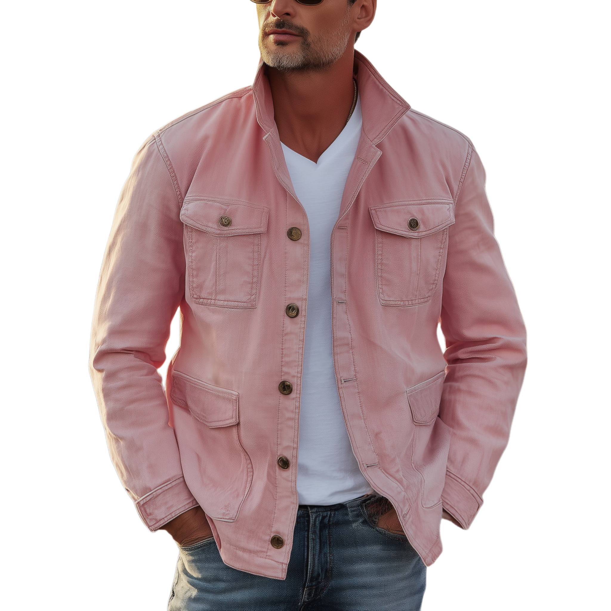 Men's Classic American Retro Western Style Stand Collar Washed Pink Denim Multi-pocket Jacket MTA2096H5K