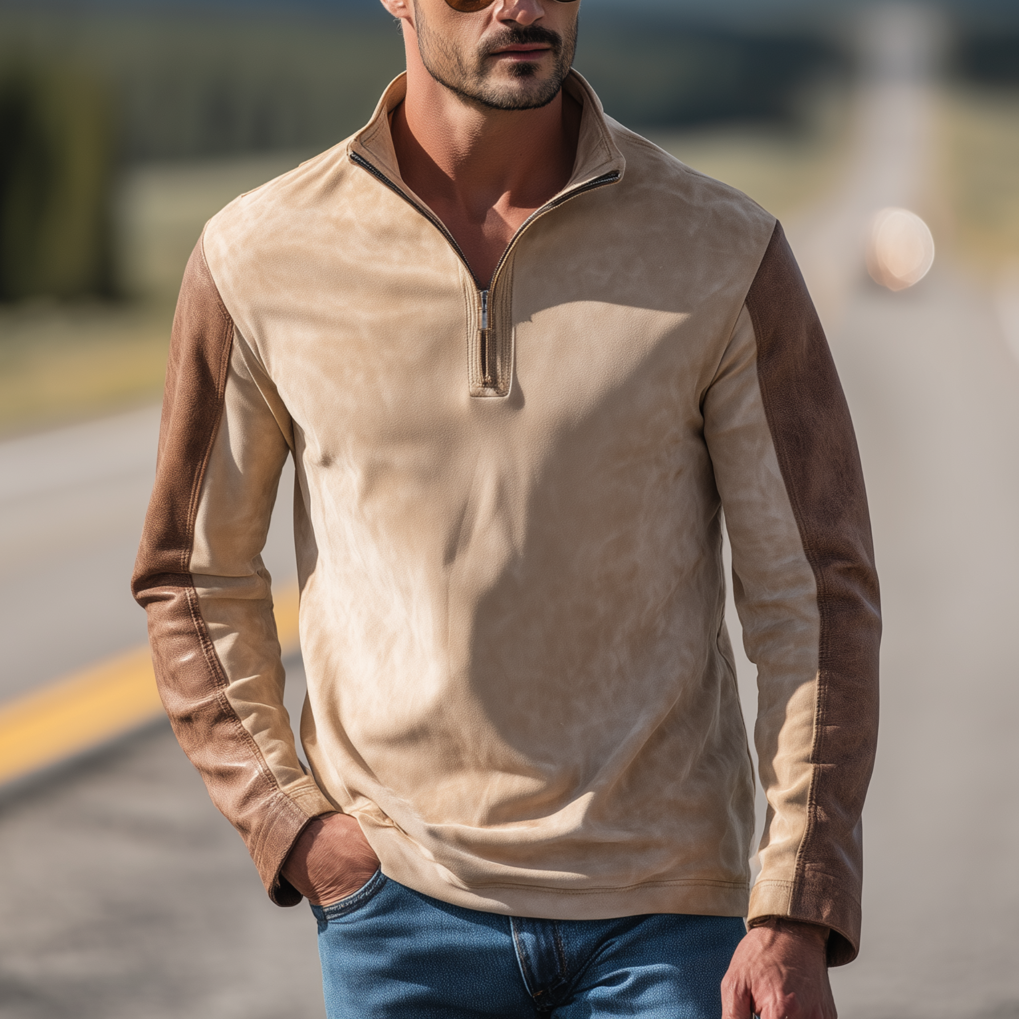 Men's Classic Retro Western Style Sleeves Stitching PU Leather Stand Collar Suede Long-sleeved T-shirt MTA1907H4K