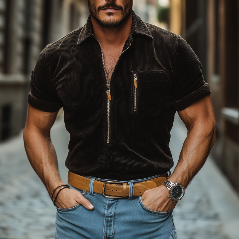 Men's Vintage Corduroy Zipper Lapel Chest Pocket Slim Fit Pullover Short Sleeve Shirt MTA3029G7M