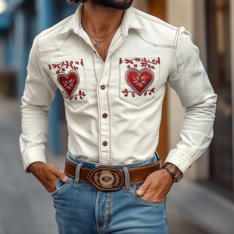 Men's Western Cowboy Style Embroidered Lapel Chest Pocket Long Sleeve Cotton Shirt 21970359Z