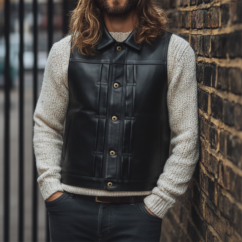 Men's Solid Color Casual Western Cowboy Style Lapel PU Vest MTA0506L3X