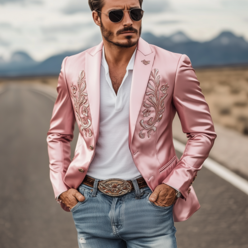 Men's Fashion Vintage Classic Western Style Satin Embroidery Blazer 27298293K