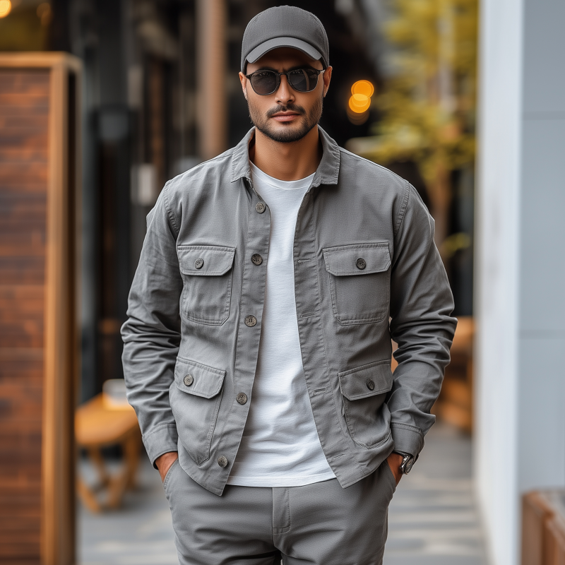 Men's Casual Outdoor Solid Color Breathable Cotton Washed Lapel Multi-Pocket Work Jacket MTA2508G5M