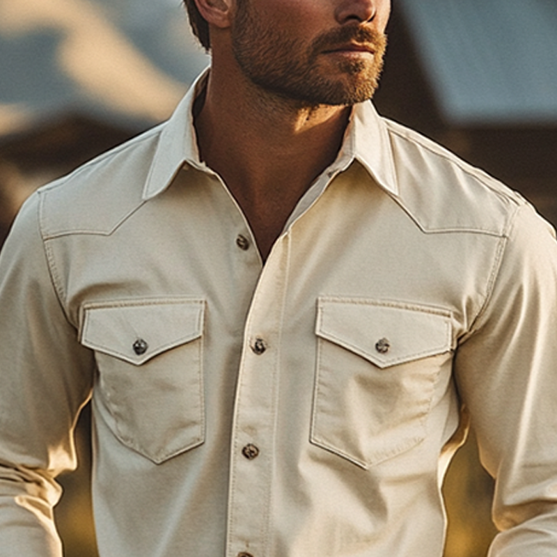 Men's Solid Color Cotton Blend Collared Long-sleeved Shirt MTA1378K1X