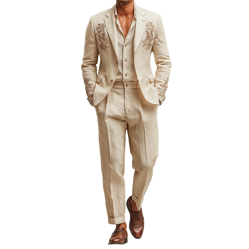 Men's Retro Casual Cotton Linen Embroidered Blazer Two-Piece Set MTZ0475B8TO