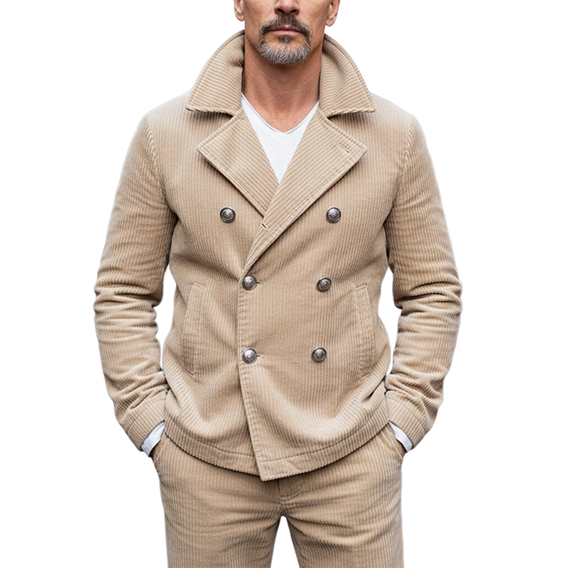 Men's Solid Color Retro Corduroy Lapel Double-breasted Jacket MTA0879K0X