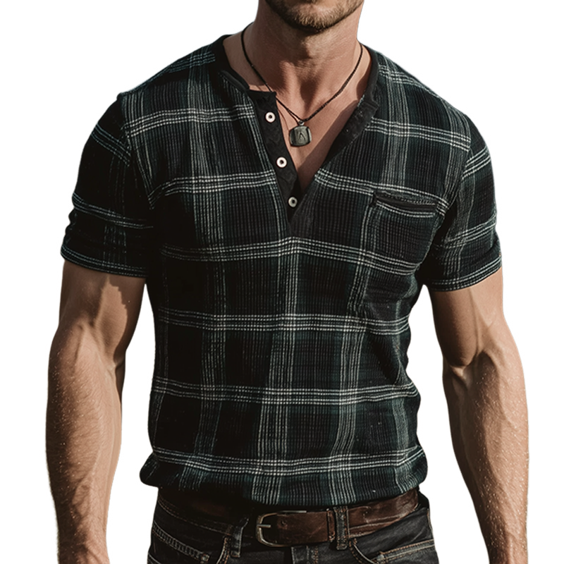 Men's Retro Casual Plaid Print Henley Short Sleeve T-Shirt MTA1061G8TO