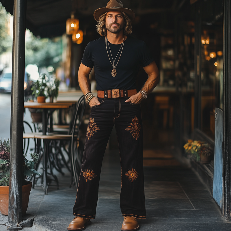 Men's Western Cowboy Style Vintage Embroidered Straight Pants MTA1336F8U