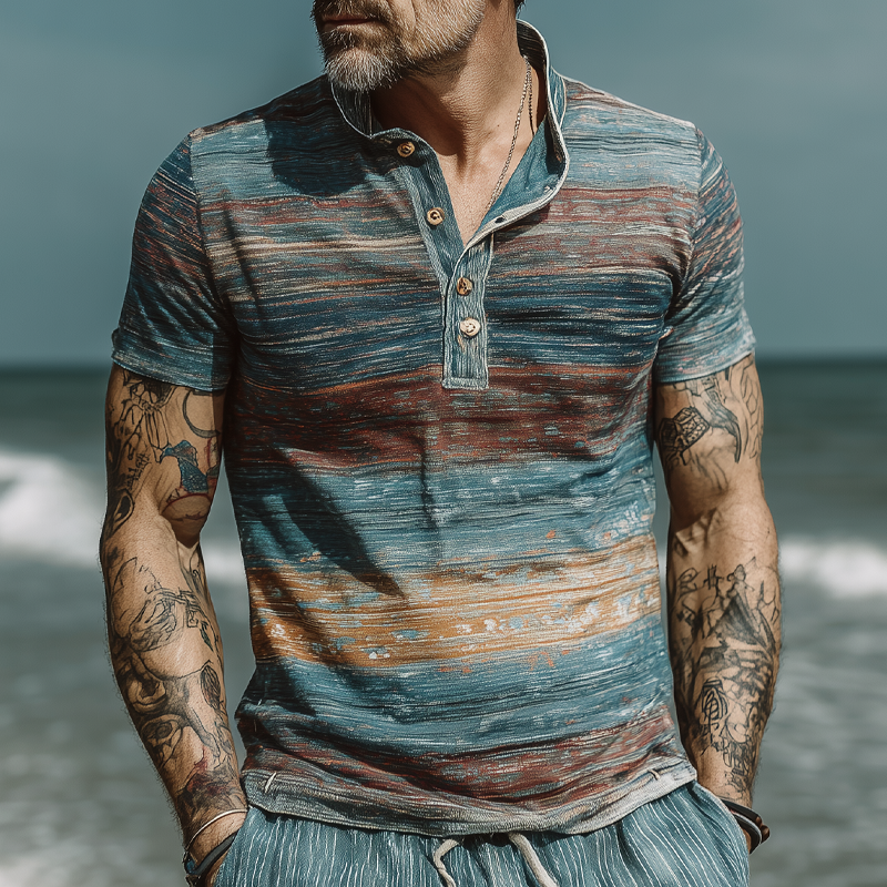 Men's Stripe Print Lapel Short Sleeve T-Shirt MTA2714F0X