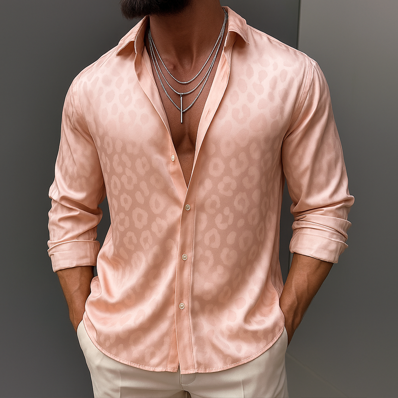 Men's Leopard Satin Lapel Long Sleeve Shirt MTA2135G0Z