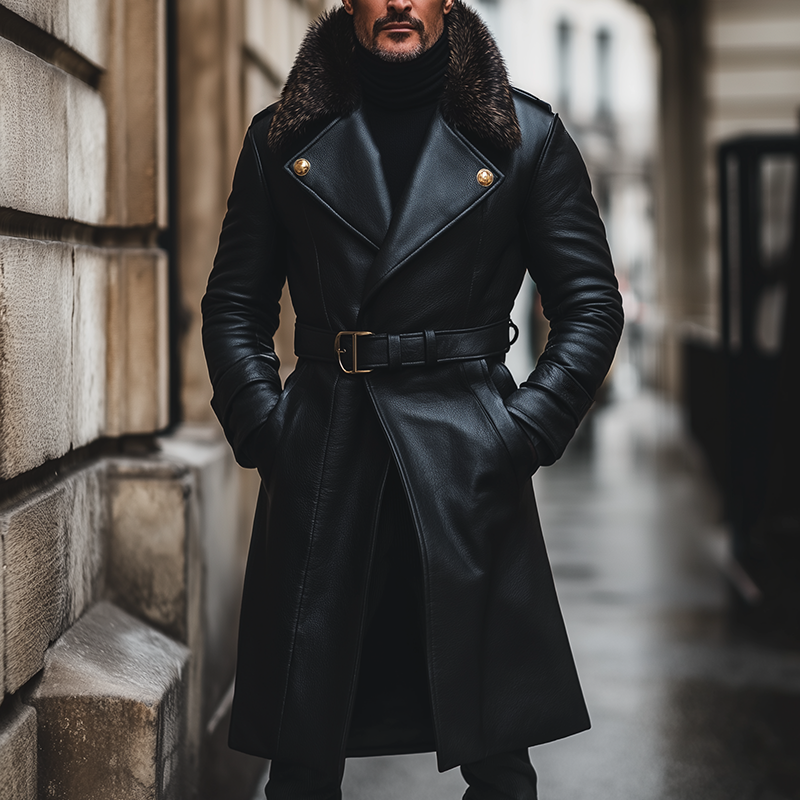Men's Retro Casual Warm Fur Collar Faux Leather Long Coat MTA2269I4TO
