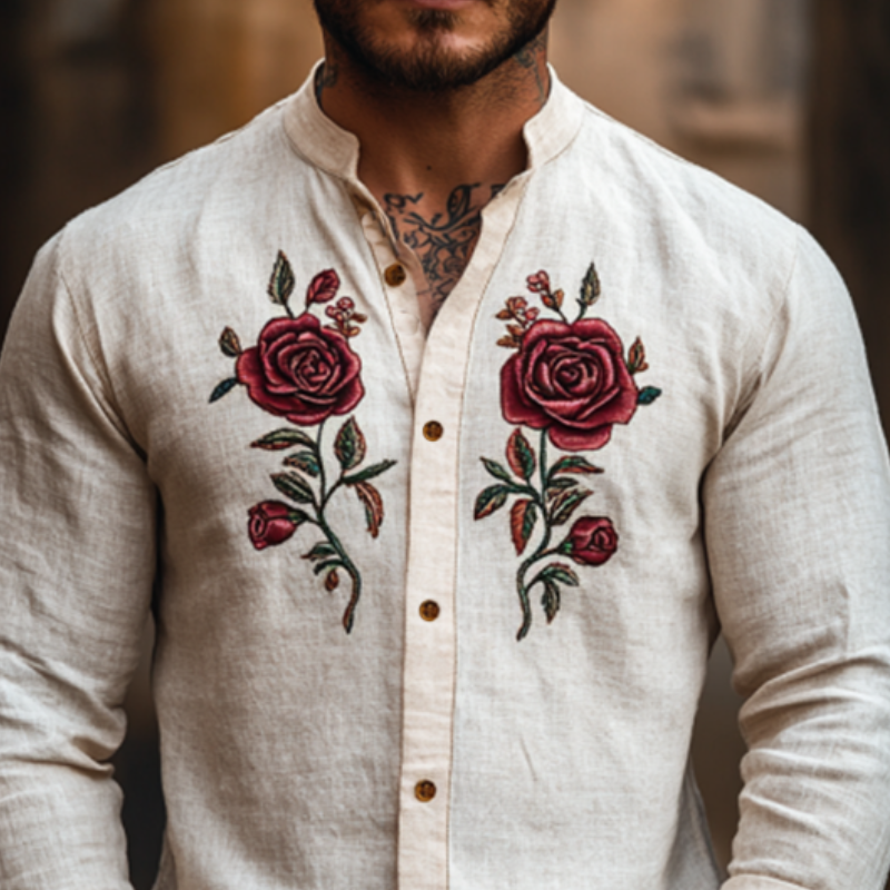 Men's Classic Retro Casual Embroidered Rose Linen Long Sleeve Shirt 95405072K