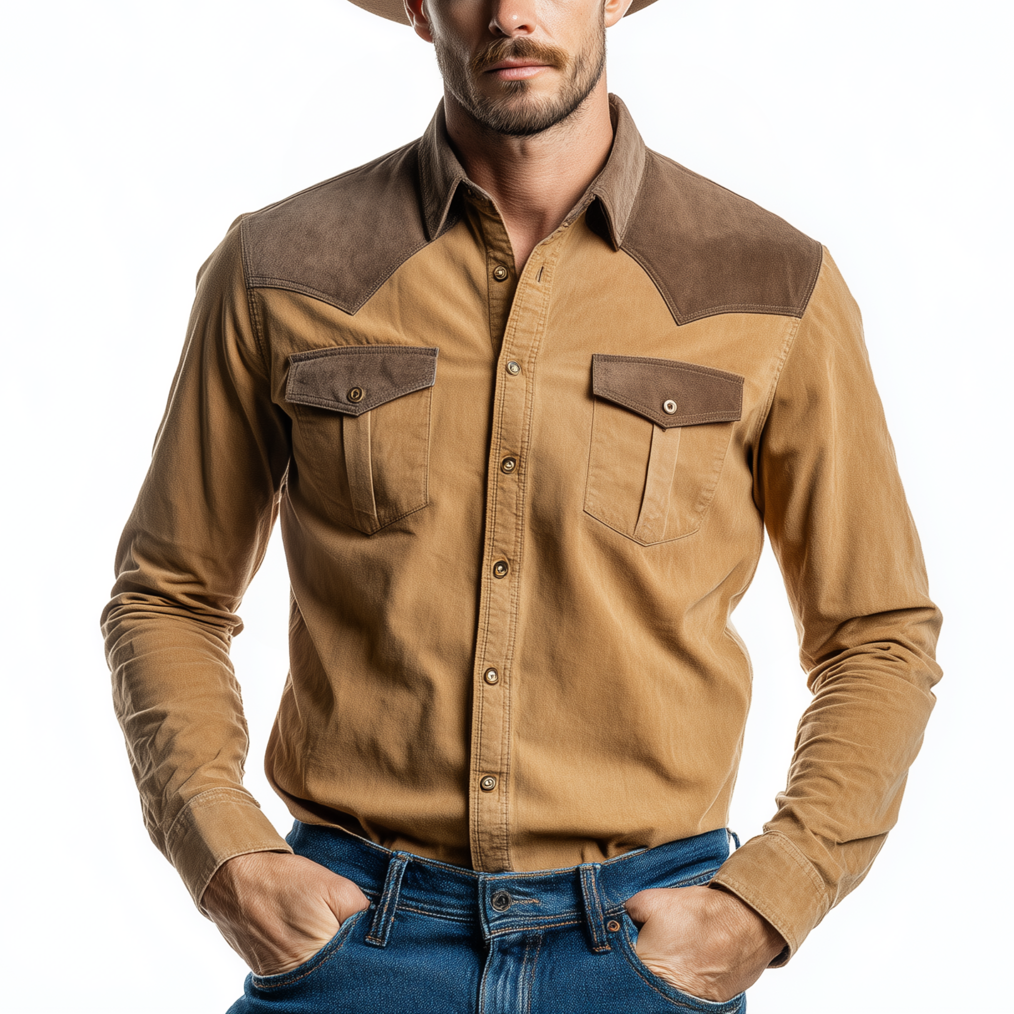 Men's Classic Casual Shoulder Panel Suede Slim Fit Cotton Blend Long Sleeve Shirt MTA2204H3K