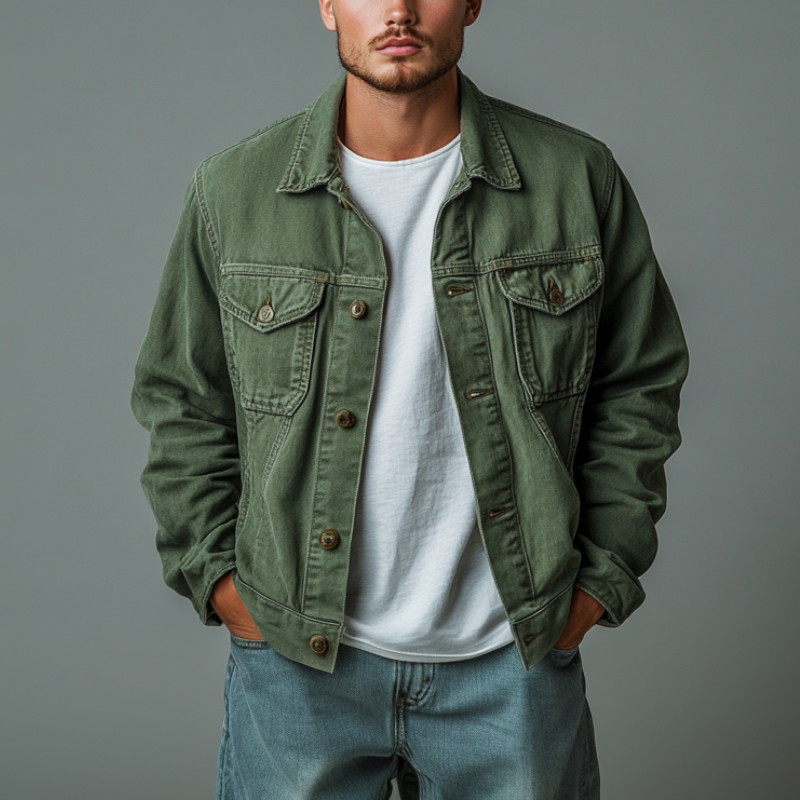 Men's Casual Outdoor Denim Washed Lapel Single-Breasted Loose Jacket MTA0610E2M
