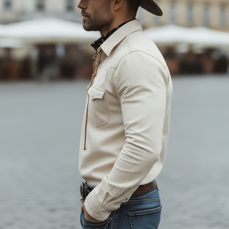 Men's Western Cowboy Style V-Neck Tie-Up Faux Suede Sweatshirt MTZ0955A8U