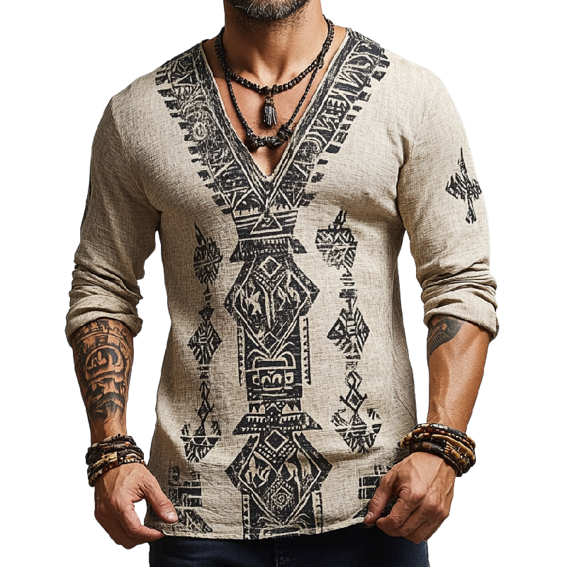 Men's Casual Street V-neck Cotton and Linen Printed Long-sleeved T-shirt 92555367F