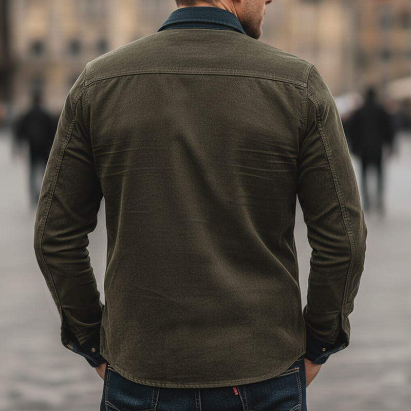 Men's Vintage-style Faux Suede And Dark Blue Denim Patchwork Long-sleeved Shirt MTZ1554A2U