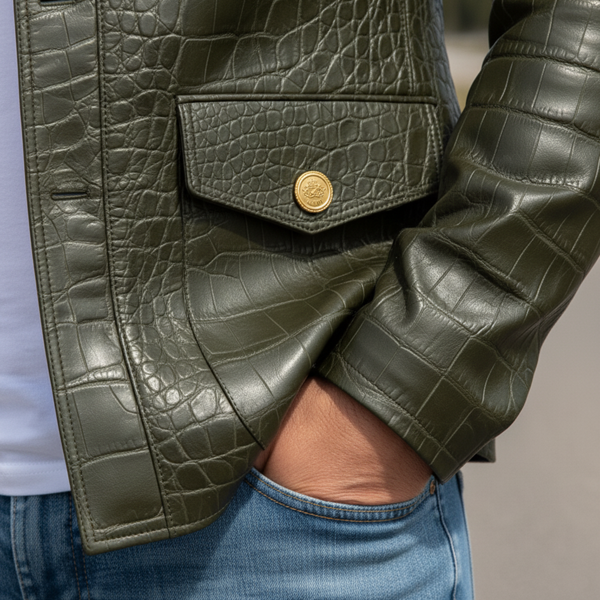 Men's Classic Casual Stand Collar Crocodile Leather Texture PU Leather Slim Fit Jacket MTA1390I2K