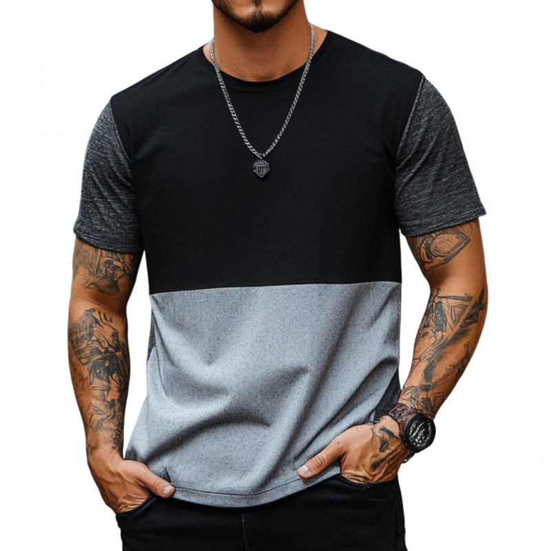 Men's Casual Premium Cotton Contrast Color Patchwork Round Neck Slim Short-sleeved T-shirt MTA1538E3M