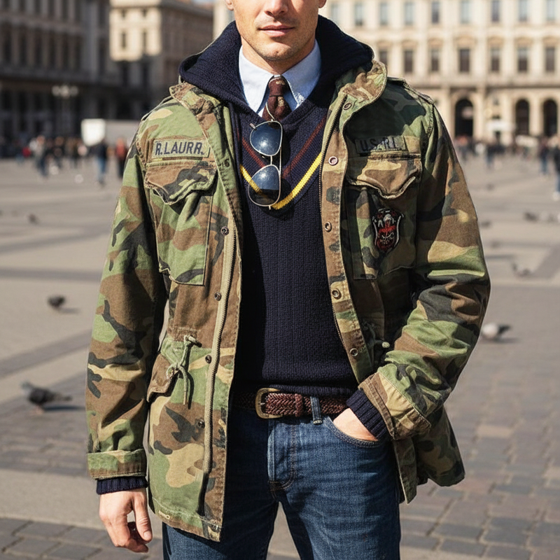 Men's Classic Distressed Camouflage Stand-up Collar Jacket MTA2587I7U