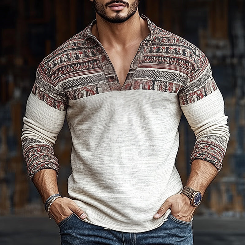 Men's Retro Printed Wrinkled V-Neck Long Sleeve T-Shirt 65754695U