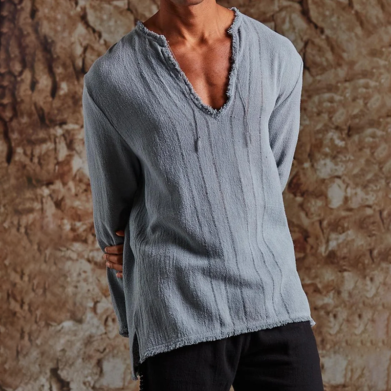 Men's Solid Color Cotton And Linen Raw Edge V Neck Long Sleeve Shirt 64703423Z