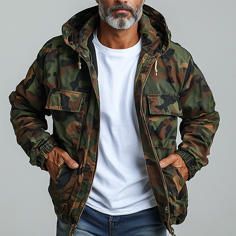 【24-Stunden-Versand】 Herren Camouflage-Cargojacke mit Kapuze, mehreren Taschen und Reißverschluss 19409115Z