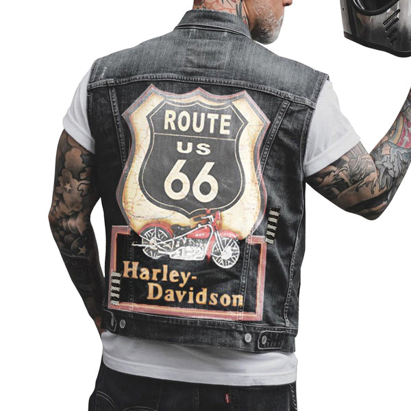 Men's Vintage Motorcycle Print Sleeveless Denim Vest 39852925Y