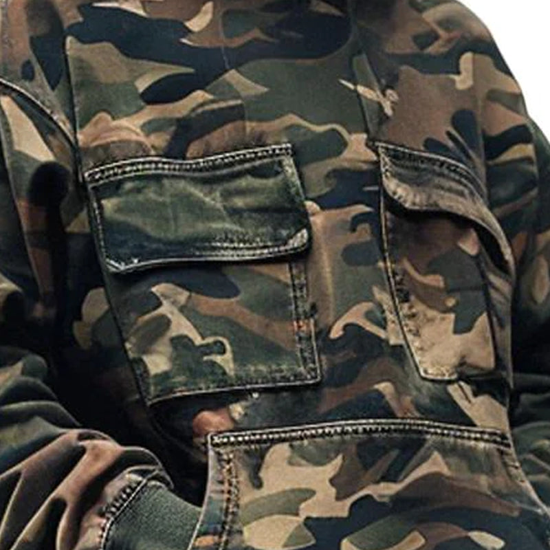 【Envío en 24 horas】Sudadera con capucha de manga larga con bolsillo con solapa y estampado de camuflaje vintage para hombre 44391826M