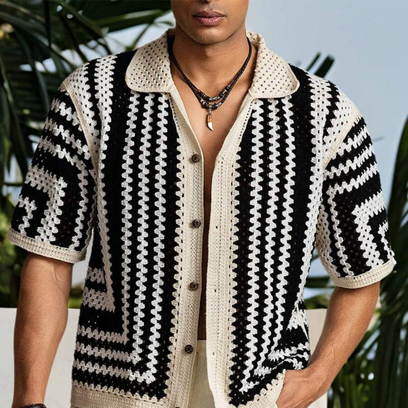 Men's Knitted Patchwork Contrast Lapel Short-sleeved Shirt 57394655X