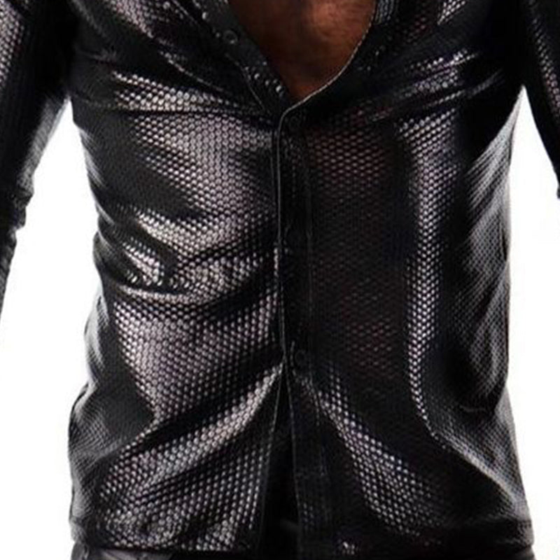 Men's Vintage Slim Fit Mesh Long Sleeve Leather Shirt 53417407U