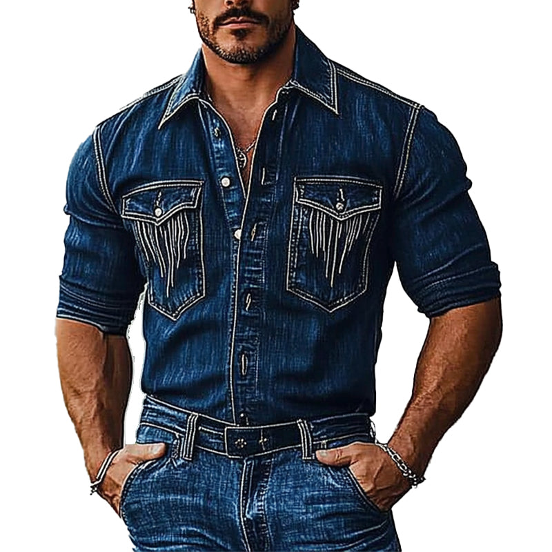 Men's Distressed Vintage Long Sleeve Denim Shirt 41192978X