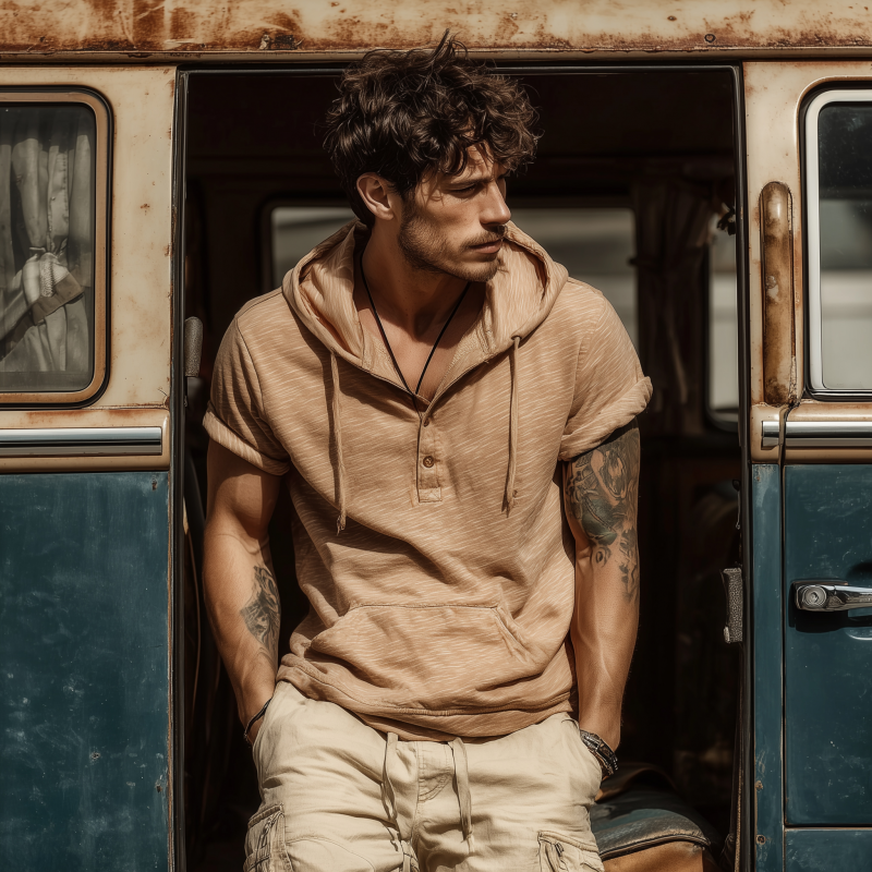 Men's Casual Breathable Skin-friendly Cotton Loose Pullover Kangaroo Pocket Short-sleeved Hoodie MTA1039G0M