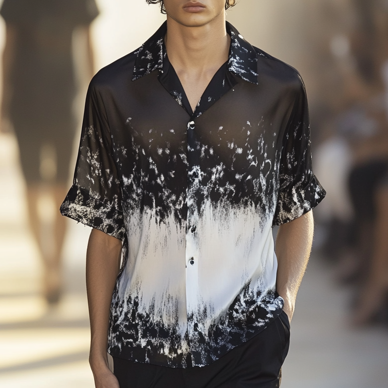 Men's Black And White Gradient Print Short-Sleeved Shirt MTA0647F4X