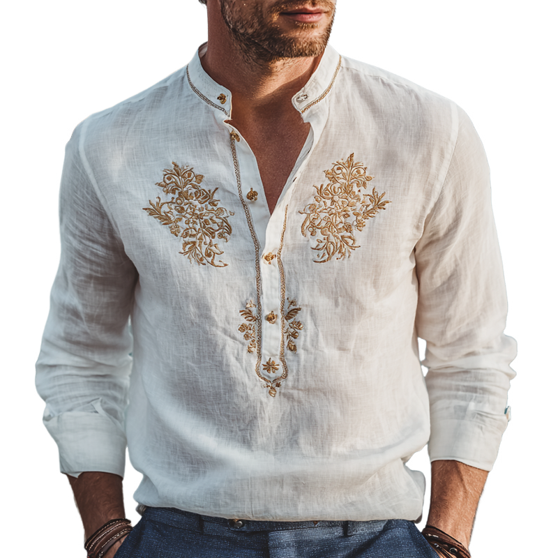Men's Vintage Gold Embroidered Cotton And Linen Henley Collar Long Sleeve Shirt MTA1063G1Z