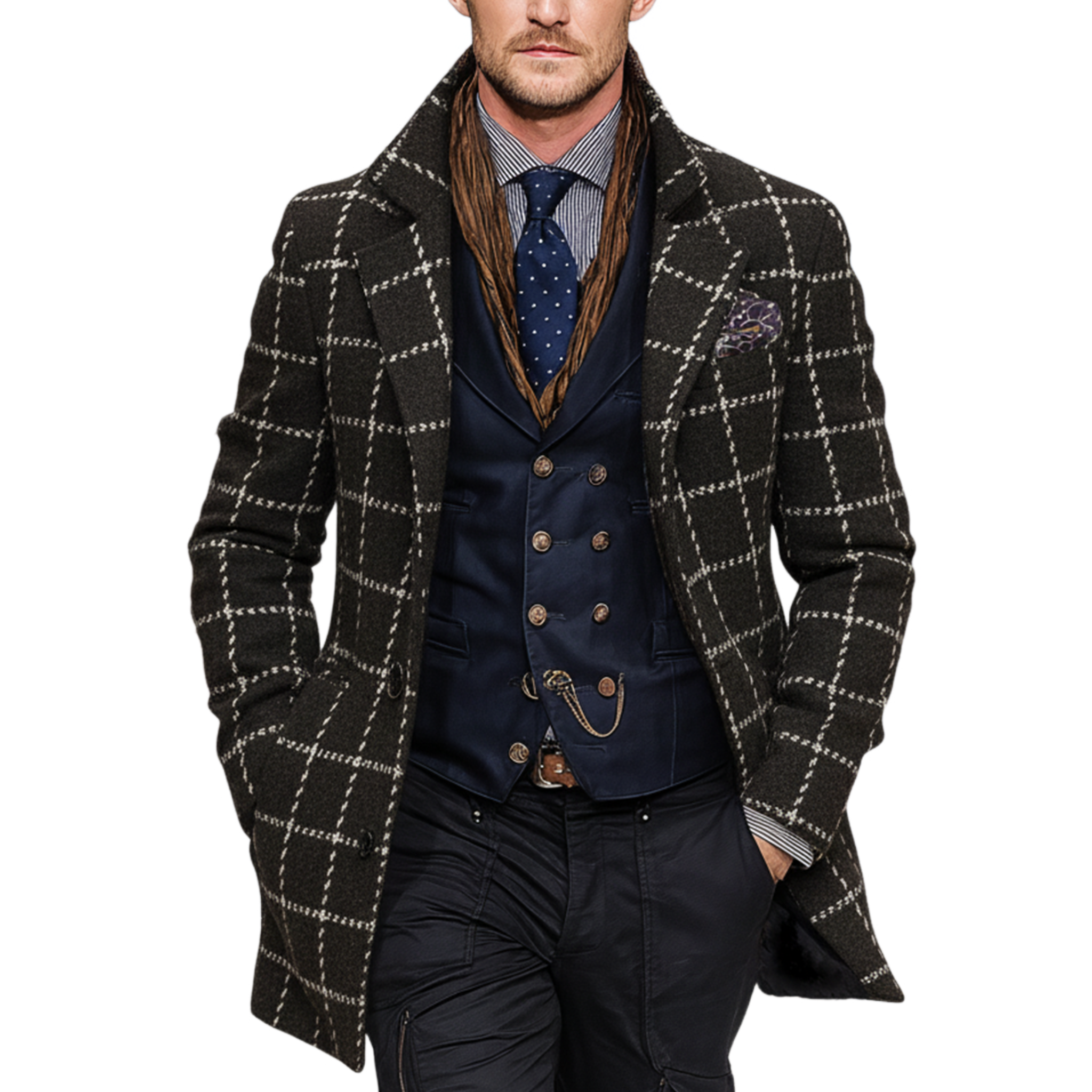 Men's Classic Retro Lapel Faux Plaid Woolen Single-breasted Coat MTA1104J3K