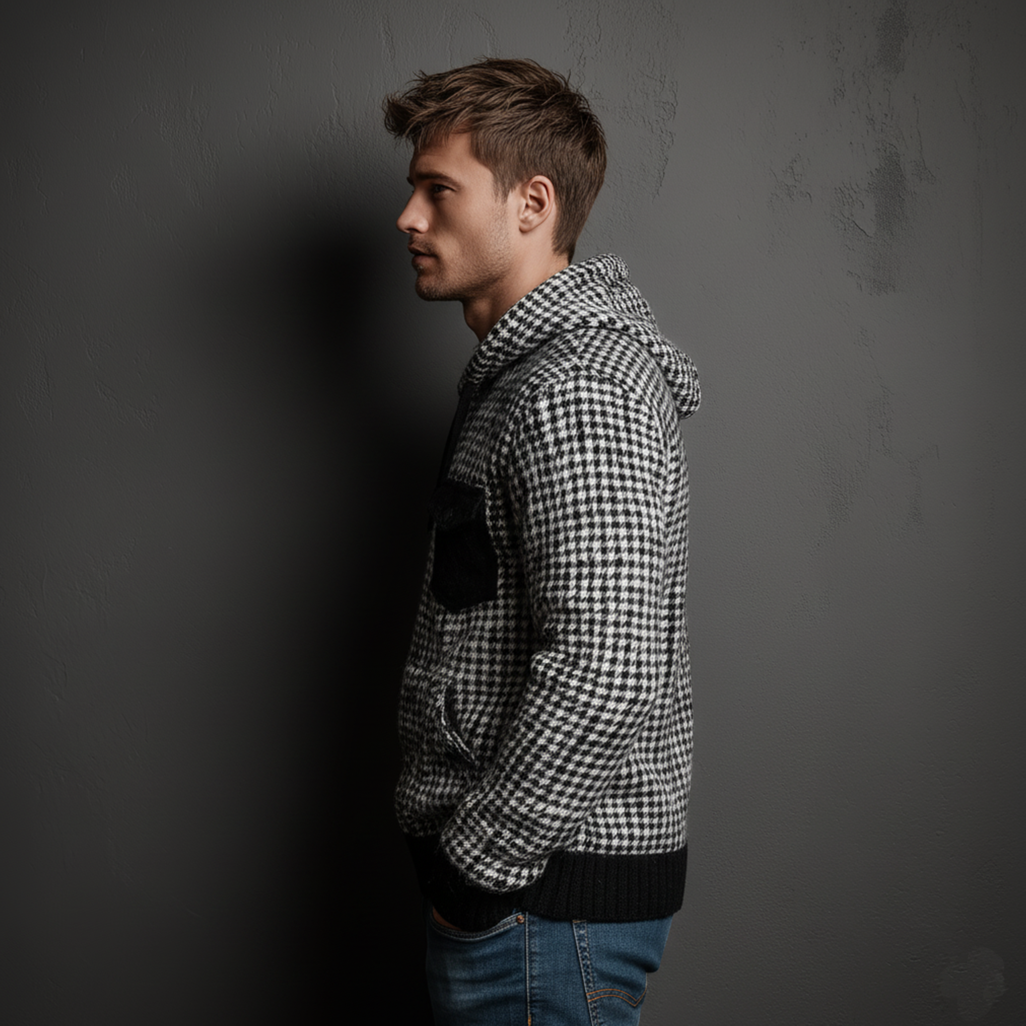 Men's Classic Casual Houndstooth Hooded Loose Sweater MTA1070J8K