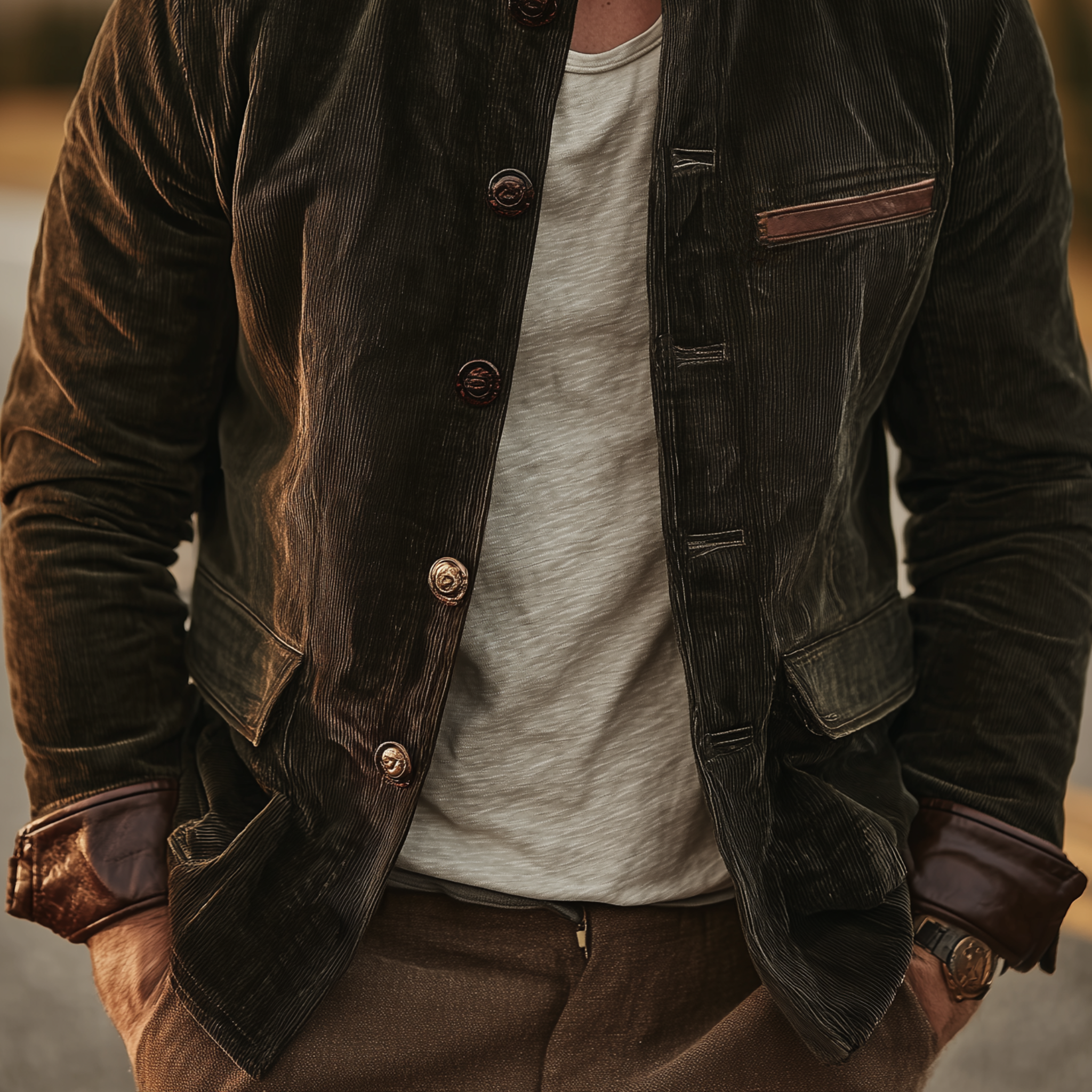 Men's Classic Retro Western Style PU Leather Stand Collar And Cuffs Slim Corduroy Jacket MTA1329I5K