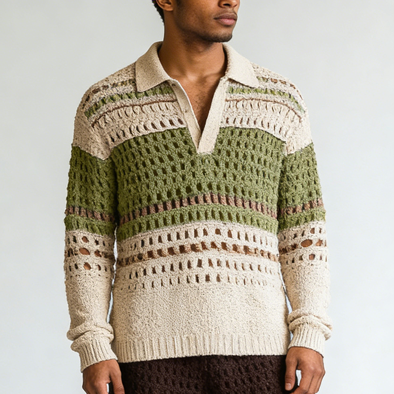 Men's Spring Retro Cotton Yarn Knitted Hollow-out Long-Sleeve Sweater MTZ2208A0P