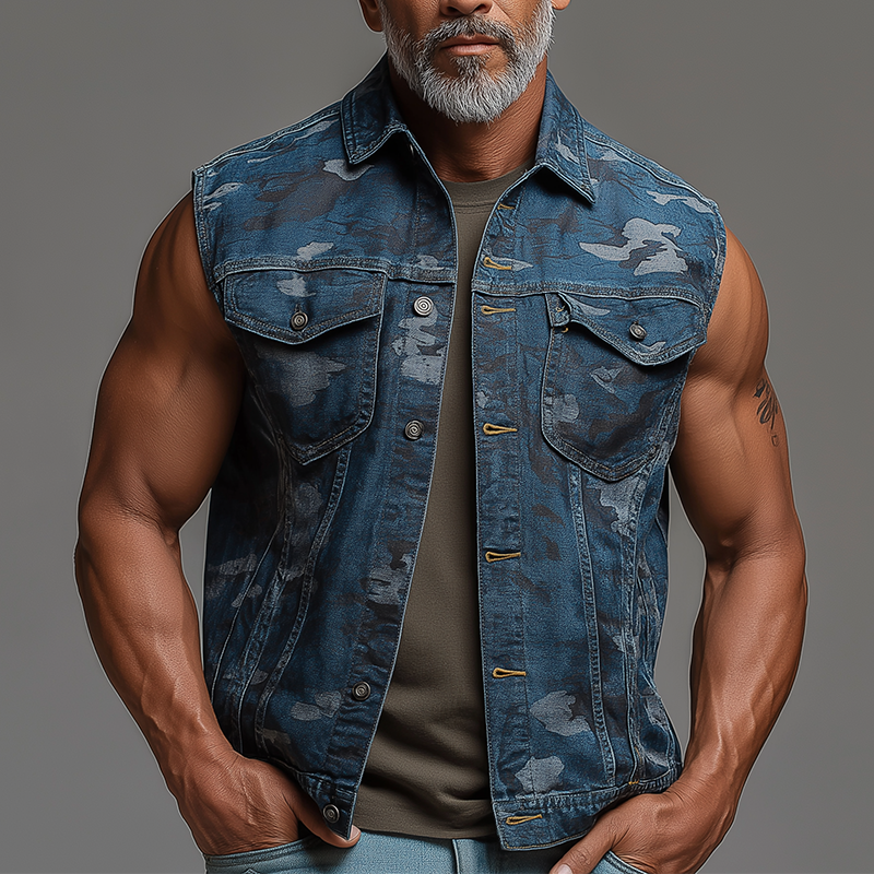 Men's Summer Fashion Camouflage Washed Denim Vest MTA0672F8P