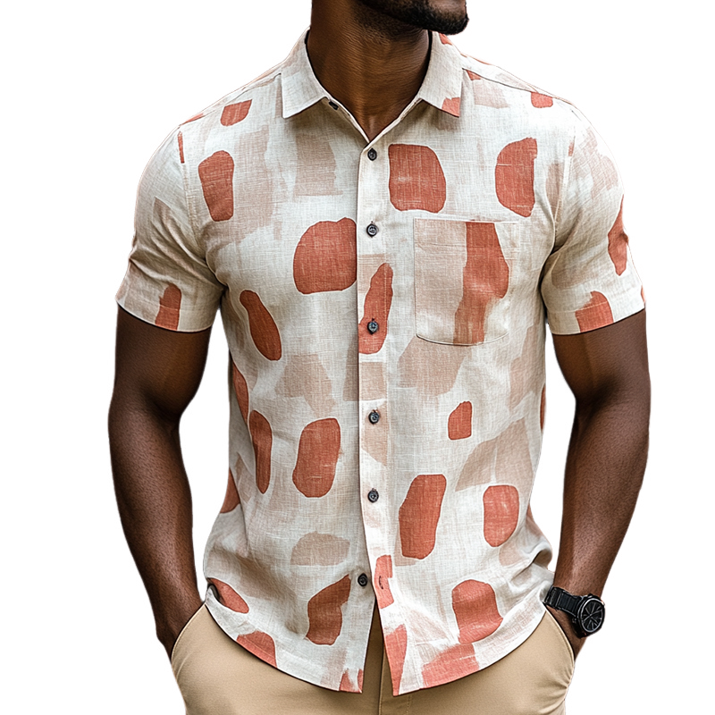 Men'S Retro Casual Geometric Contrast Print Linen Lapel Short Sleeve Shirt MTA0922E9TO