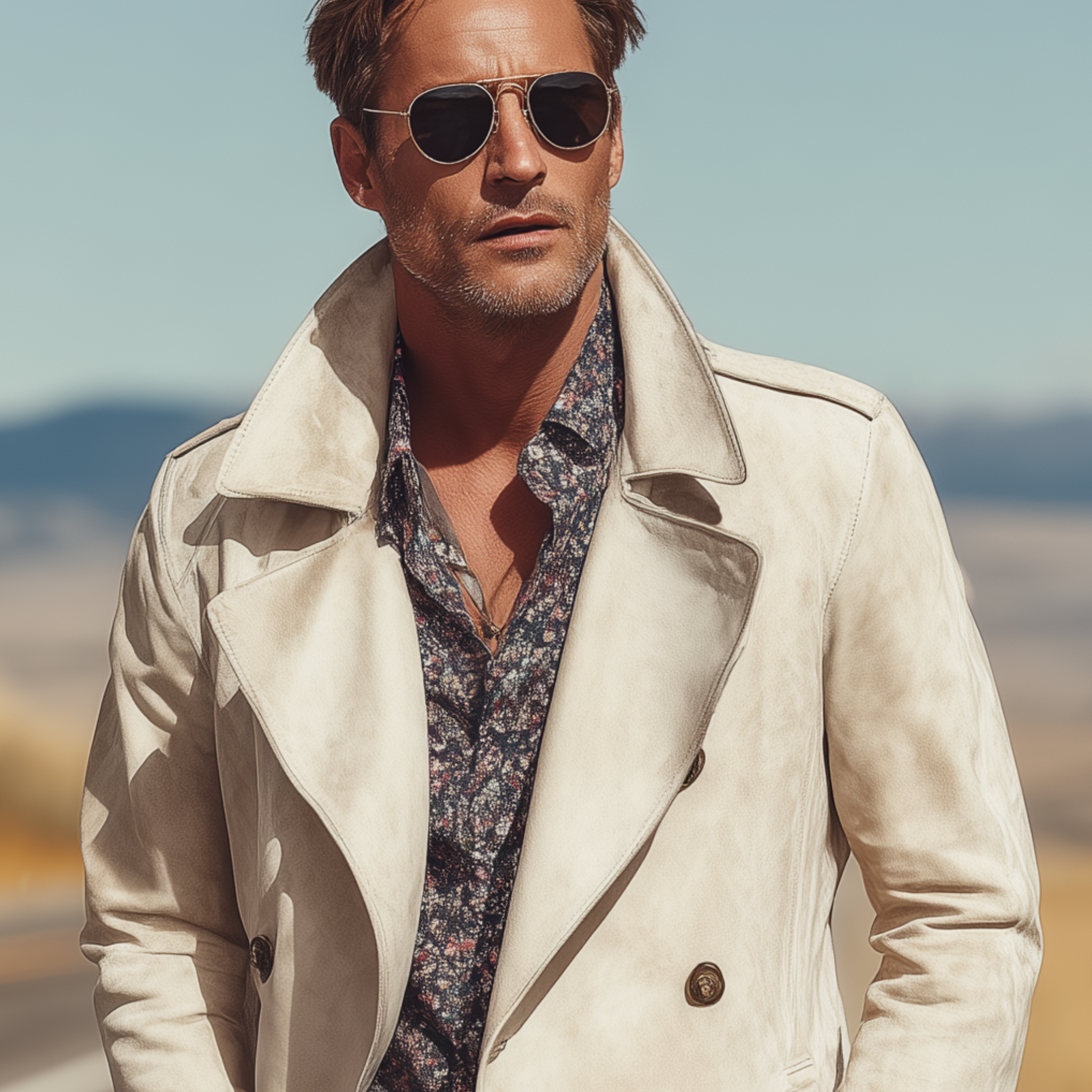 Men's Classic Retro Western Style Double Breasted Lapel Suede Thigh Length Trench Coat MTA1379H5K