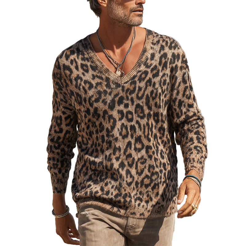 Men's Vintage Knitted Leopard Print V-Neck Sweater MTA1423H1P