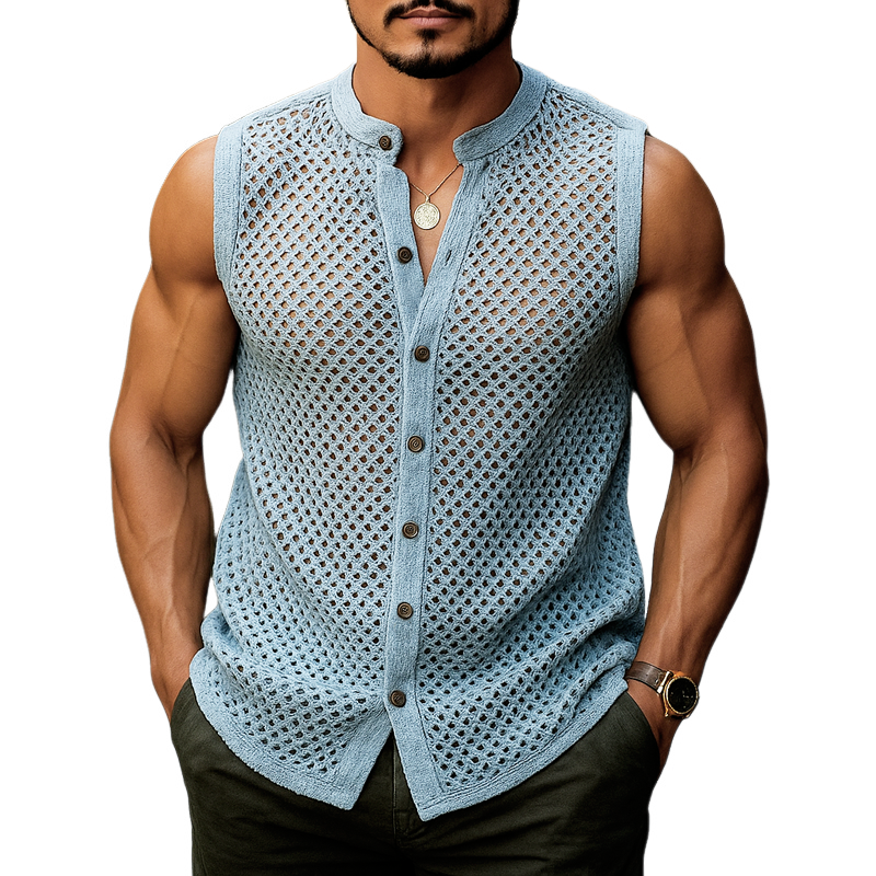 Men’s Solid Hollow Out Sleeveless Single Breasted Knit Tank Top MTA0565G6Z